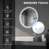 kleankin Specchio Bagno LED Antiappannamento con 3 Colori e Luminosità Regolabile, in Metallo e Vetro, Ø70x3 cm