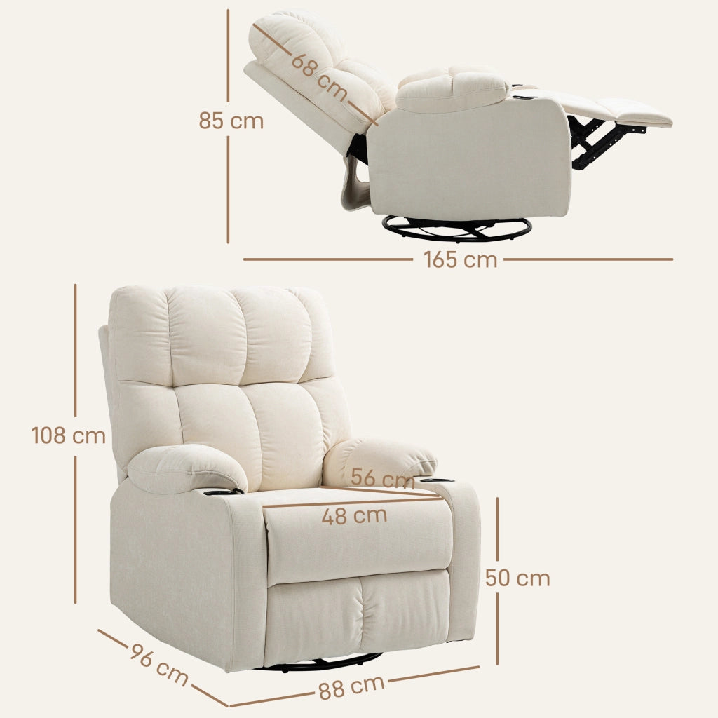 Poltrona relax girevole e oscillante con funzione reclinabile, porta bicchieri e imbottitura a molle insacchettate, Beige