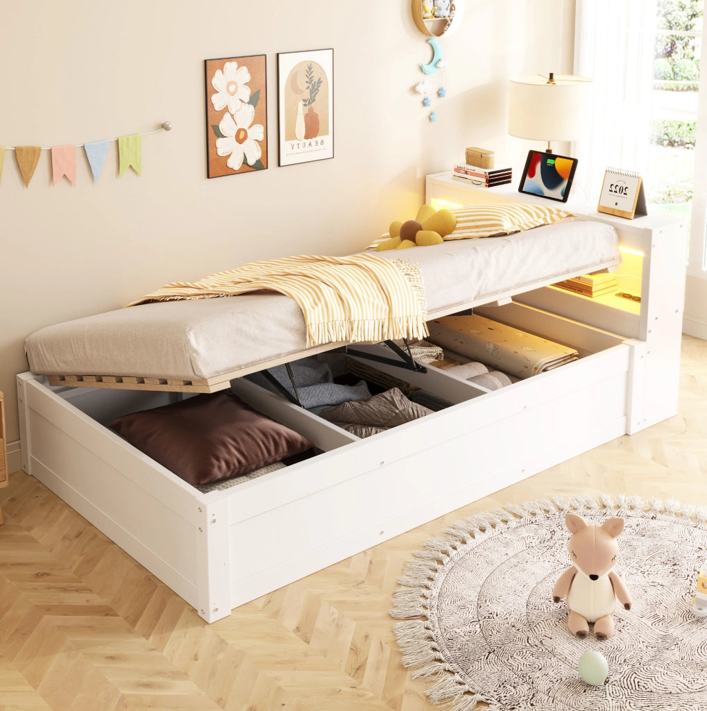 Letto multifunzionale 90x200 cm con contenitore idraulico, LED e presa integrata