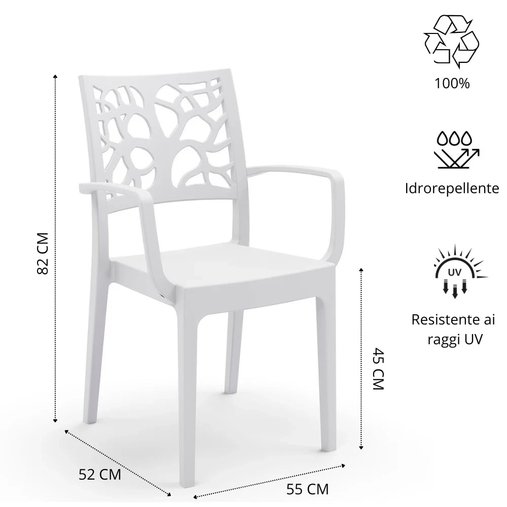 Sedia con braccioli in polipropilene TETI, impilabile, resistente ai raggi UV, design moderno, ideale per ambienti interni ed esterni, colore Bianco