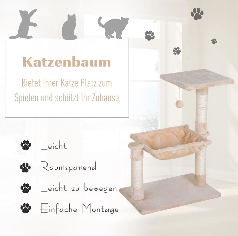 Tiragraffi per gatti beige con amaca e piattaforma, 70 cm