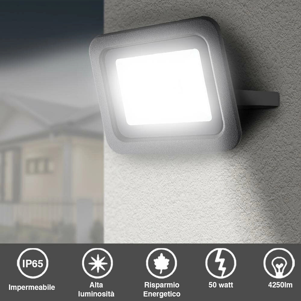 Faro Led 50W Luce Alta Luminosita 4250lm Faretto Esterno Slim Bianco Freddo IP65