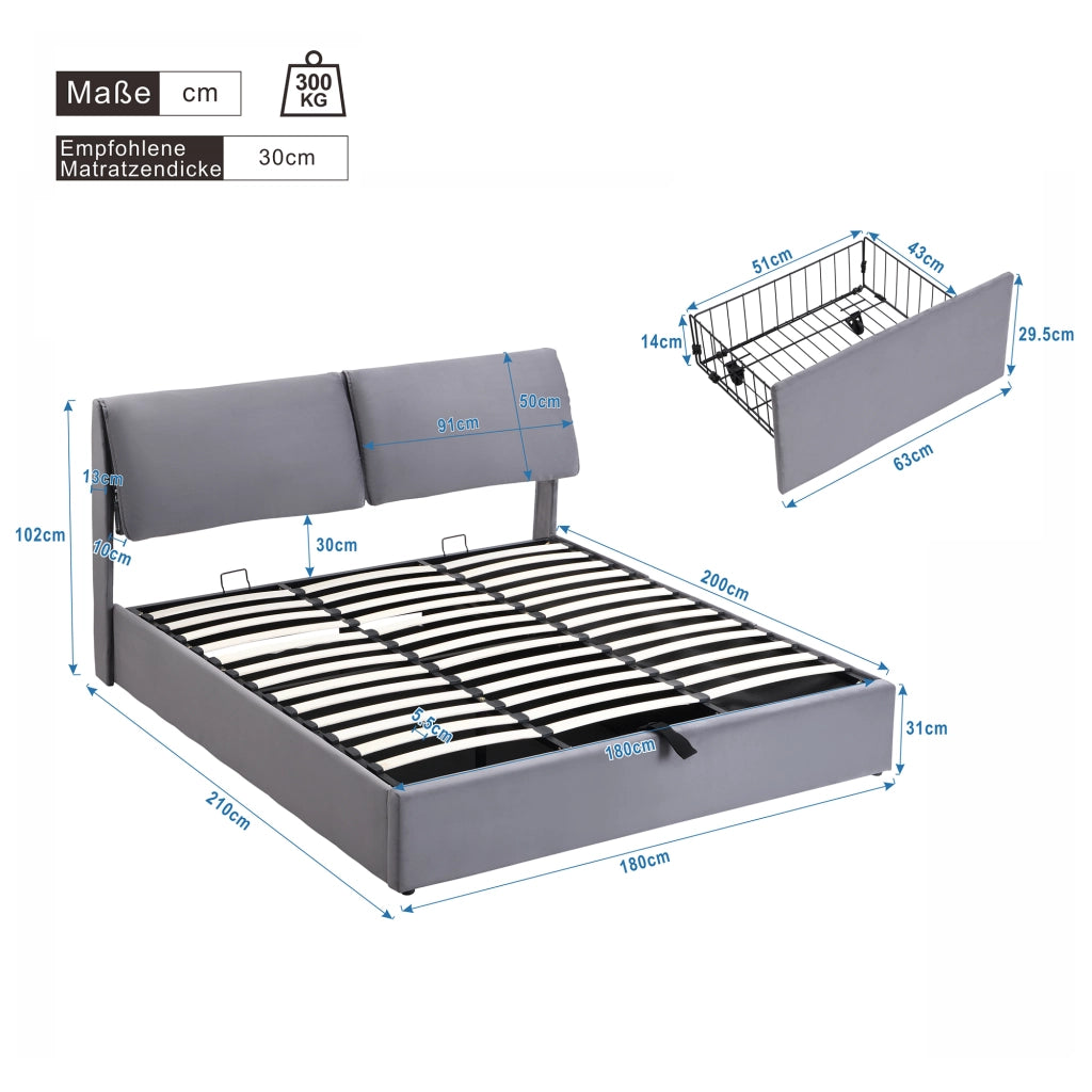Letto imbottito 180x200 cm in velluto grigio con contenitore, 3 cassetti, rete a doghe e testiera regolabile