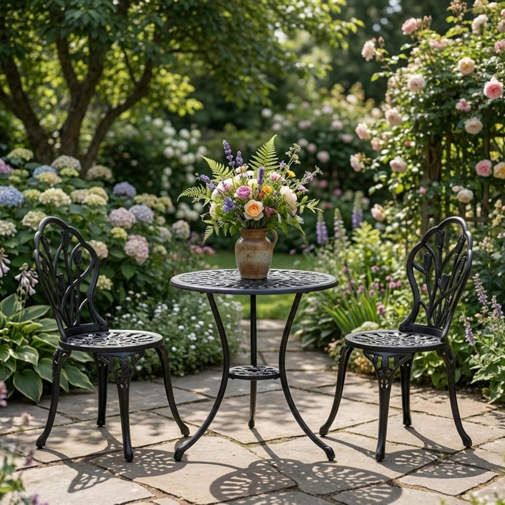 Set da Giardino 3 Pezzi, Tavolo da Bistrot con 2 Sedie in Alluminio Pressofuso, Tavolo con Foro per Ombrellone e Piedini Regolabili, Mobili Resistenti per Balcone, Terrazza e Cortile