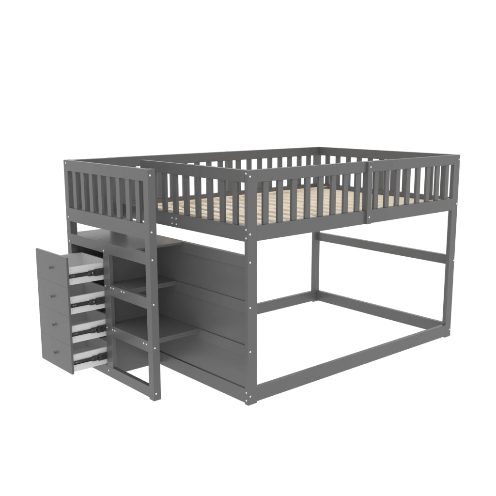 OKWISH Letto a Castello Basso 140×200 cm, Letto Matrimoniale con 4 Cassetti, Scala e Sponda Alta, senza Materasso, in Legno, Grigio