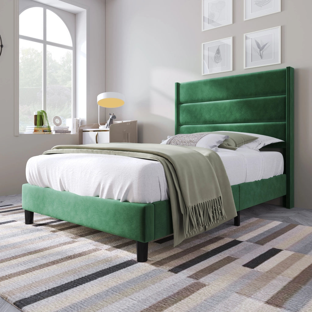 Letto imbottito con rete a doghe e testiera; 90x200 cm; velluto verde scuro
