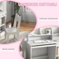 Banco Scuola e Sedia per Bambini da 5-8 Anni con Scaffale e Mensola Estraibile in Legno Bianco