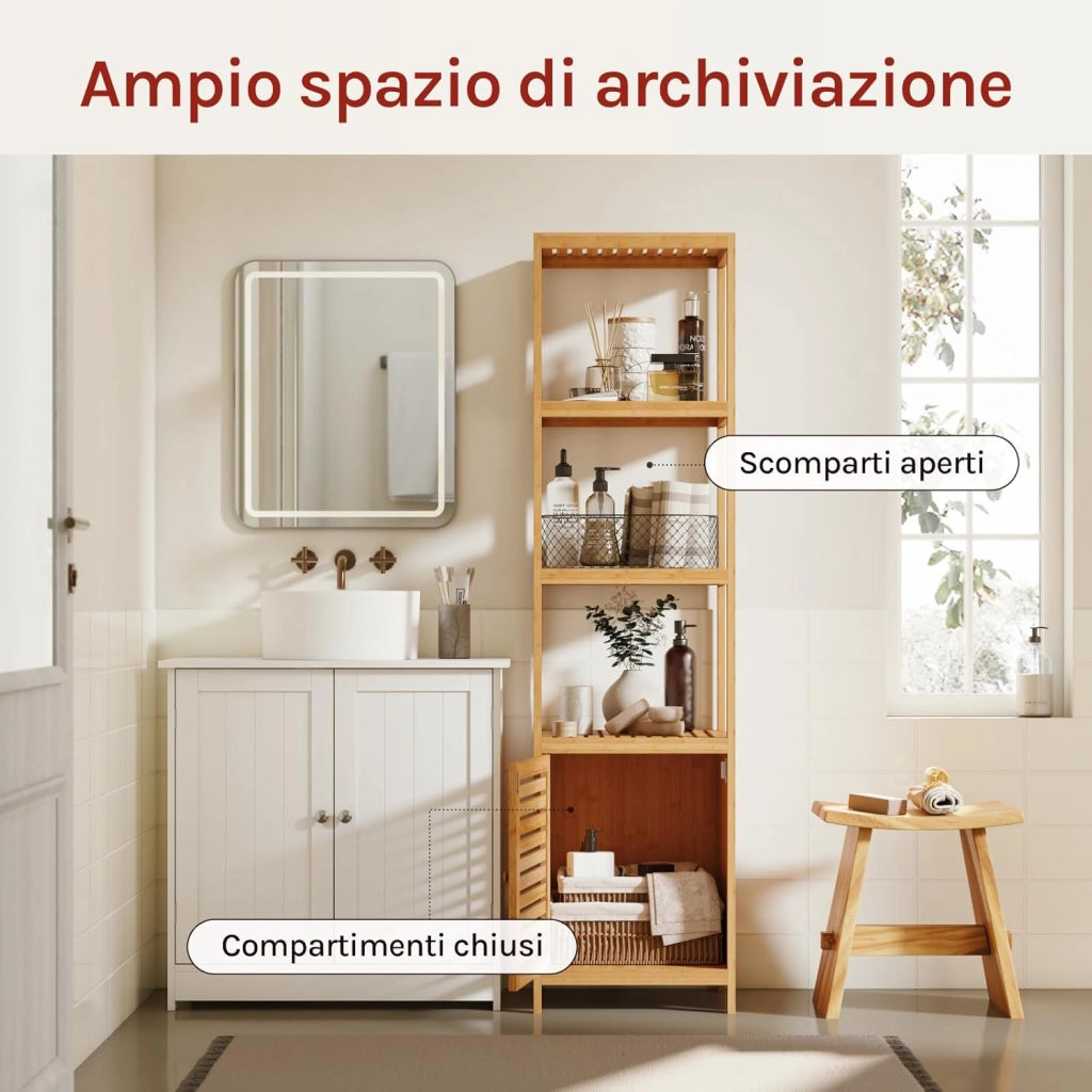 Armadio da Bagno in Bambù, Mobile da Bagno Alto e Stretto con Porta a Battente, 4 Ripiani Aperti, Scaffale Angolare Indipendente, 36x33x140cm