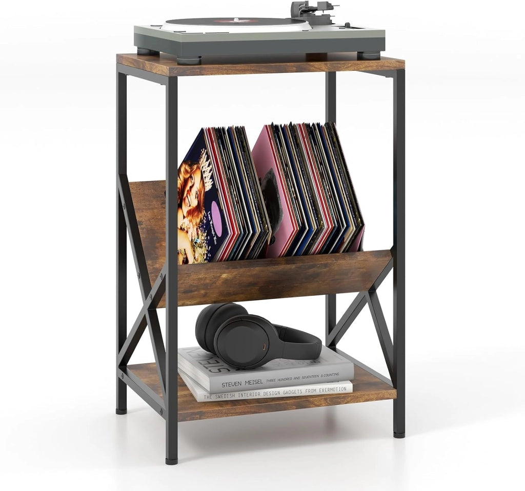 Tavolino da Divano a 3 Livelli con Ripiani, Tavolino da Salotto Industriale con Ripiano a V Traverse e Piano Liscio, Tavolino Robusto per Soggiorno, Camera da Letto e Ufficio, Marrone