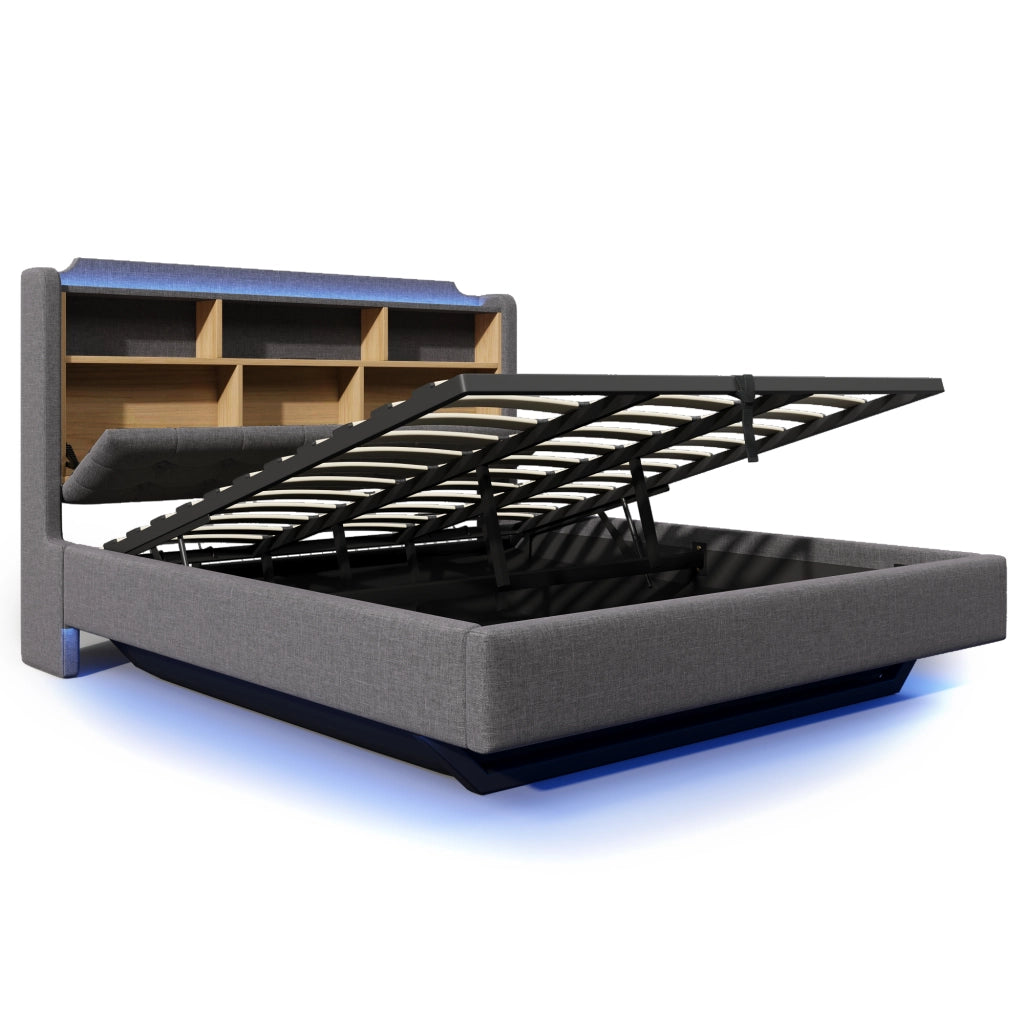 Letto imbottito 180x200 cm con LED, contenitore idraulico, USB e Type-C, grigio
