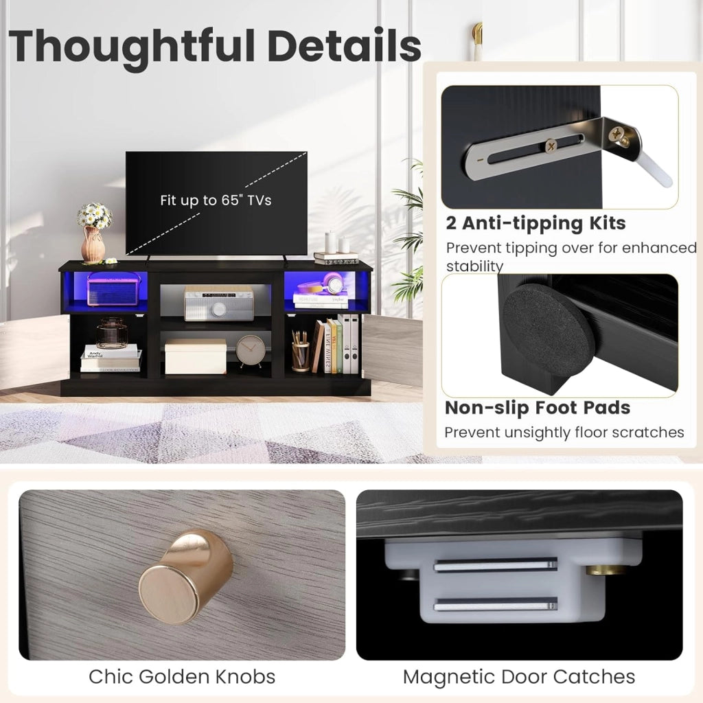 KOMFOTTEU Mobile TV Soggiorno con Luci LED, Mobiletto TV Multifunzione per TV fino a 65”, con Mensola Regolabile e Scomparto Aperto per Camino Elettrico, Mobile Porta TV per Camera da Letto, Nero