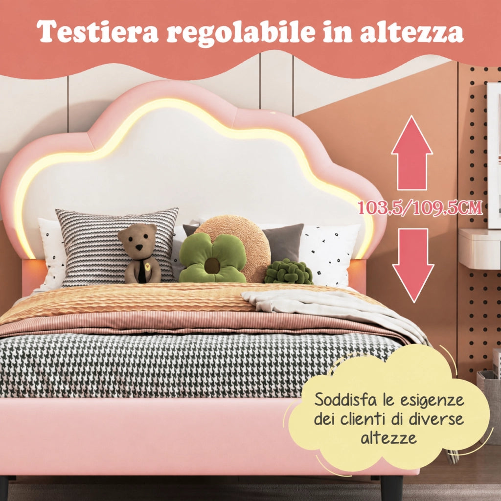 Letto per bambini 90x200cm con testiera a nuvola regolabile, rivestimento ecopelle rosa, luci RGB LED, telecomando e app, struttura robusta per camera da letto