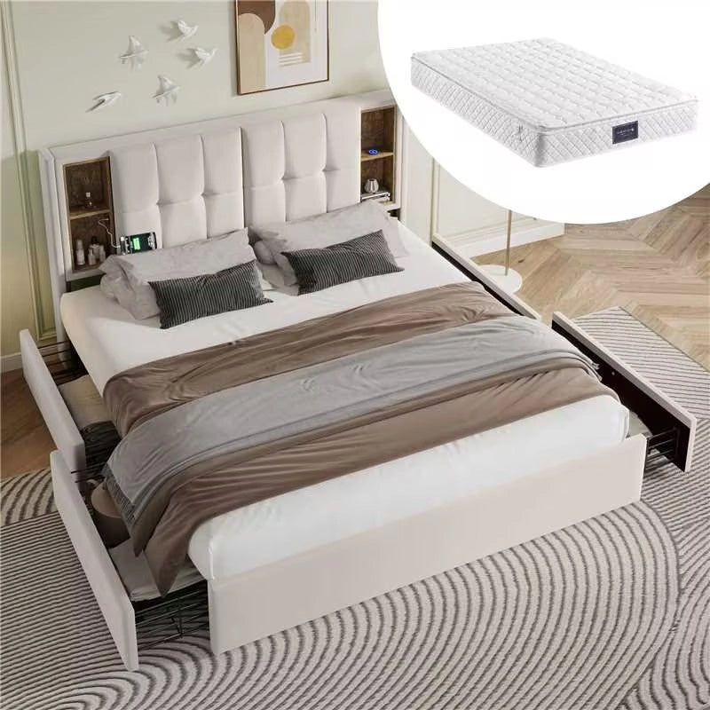 Letto Matrimoniale Imbottito con Materasso ¨C MINIMAL ¨C 160x200 Velluto Beige, 4 Cassetti, Rete a Doghe