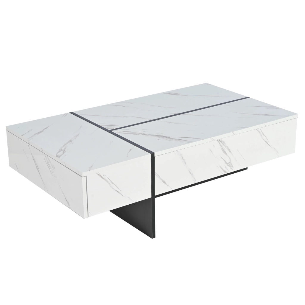 Tavolino da caffè 105x60x35 cm; 3 cassetti con LED controllati da app; pannello truciolare bianco