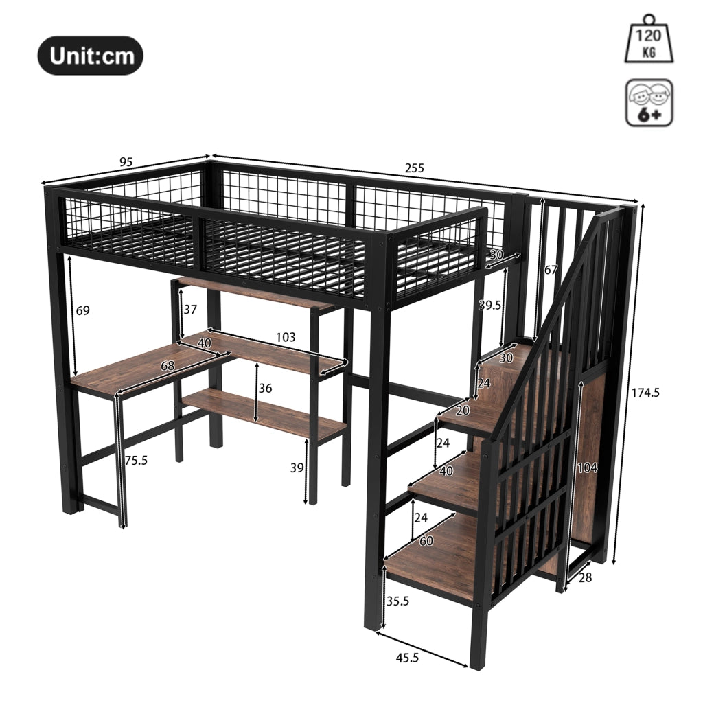 OKWISH Letto a Soppalco 90×200 cm, Letto Singolo con Scrivania, Mensole e Armadio, senza Materasso, in Metallo e MDF, Nero e Marrone