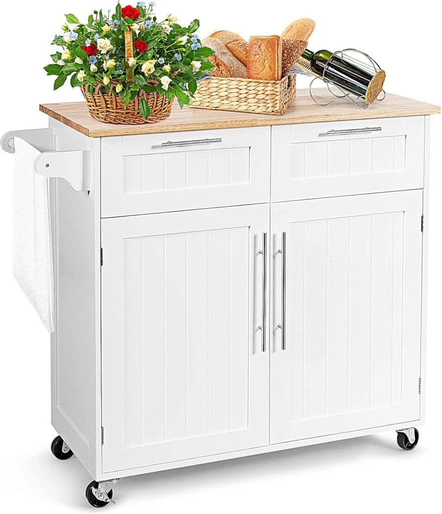 Carrello da Cucina in Legno con Piano di Lavoro, Armadio da Cucina su Ruote, Carrello da Portata con Portasciugamani e 2 Cassetti, Isola da Cucina Mobile, 3 Colori