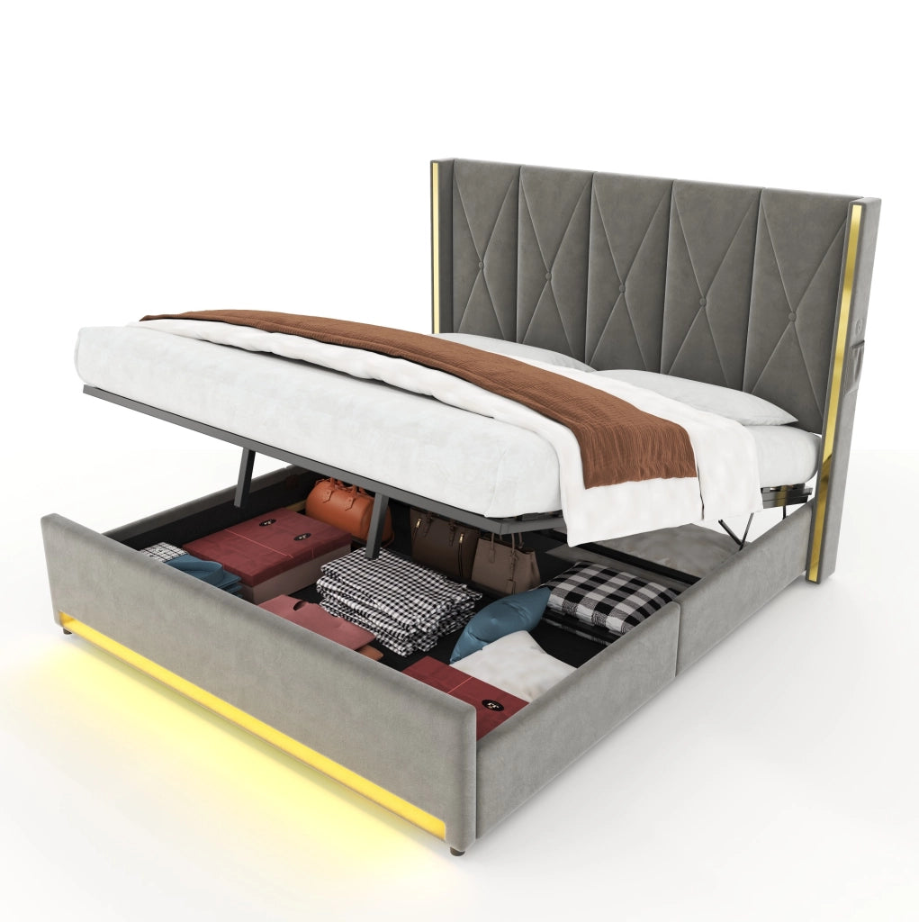 Letto imbottito 180x200 cm con contenitore; USB Type-C e LED in velluto grigio scuro