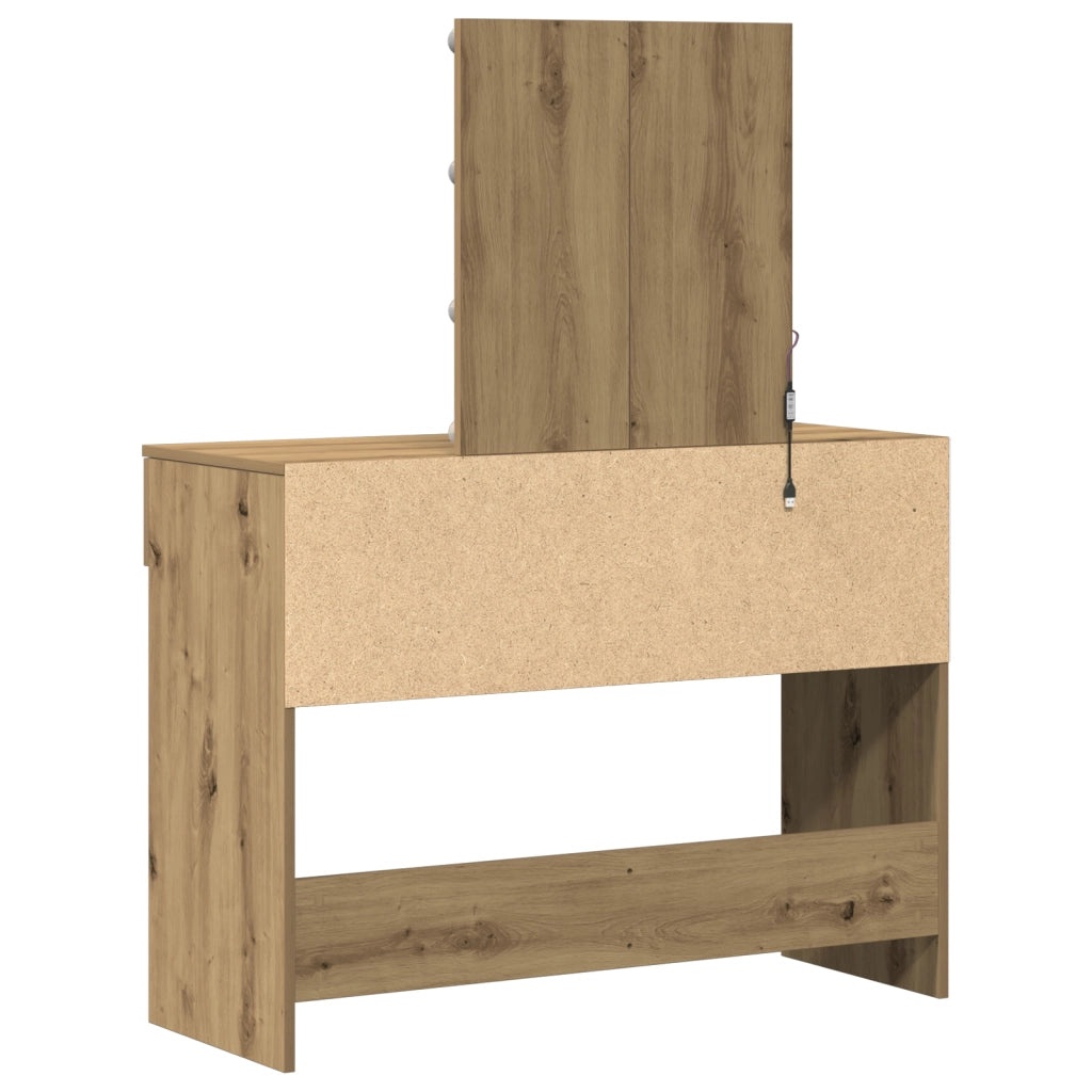 Tavolo da Toeletta con Specchio e LED Finitura Rovere Artigianale in Legno Ingegnerizzato