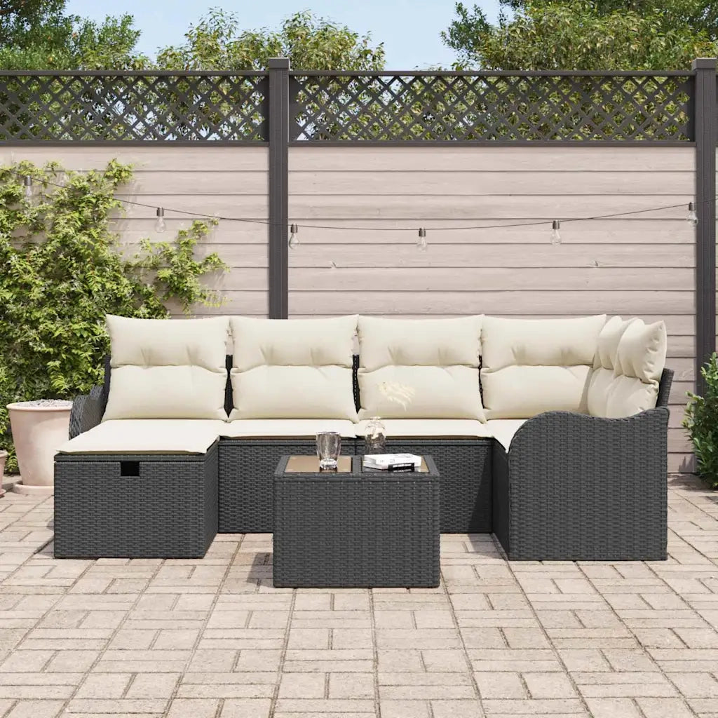 Set Divano da Giardino con cuscino 7 pcs Nero Poly Rattan