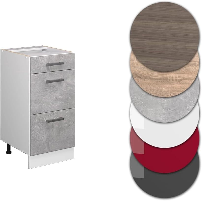 Mobiletto base per cucina R-Line, Calcestruzzo, 40 cm con cassetti, senza piano di lavoro, per la libera combinazione all'interno di sistemi cucina modulari