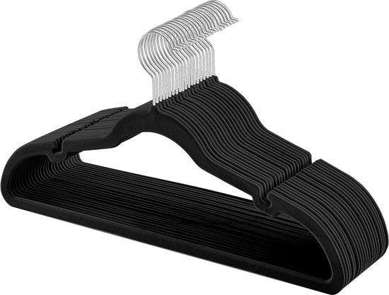 20 fluwelen kleerhangers per abito - antiscivolo - fori - staffa per pantaloni - gancio 360° girevole - spazievendente - 06 cm spesso - 43 cm lungo - nero inchiostro. Appoggio per abito