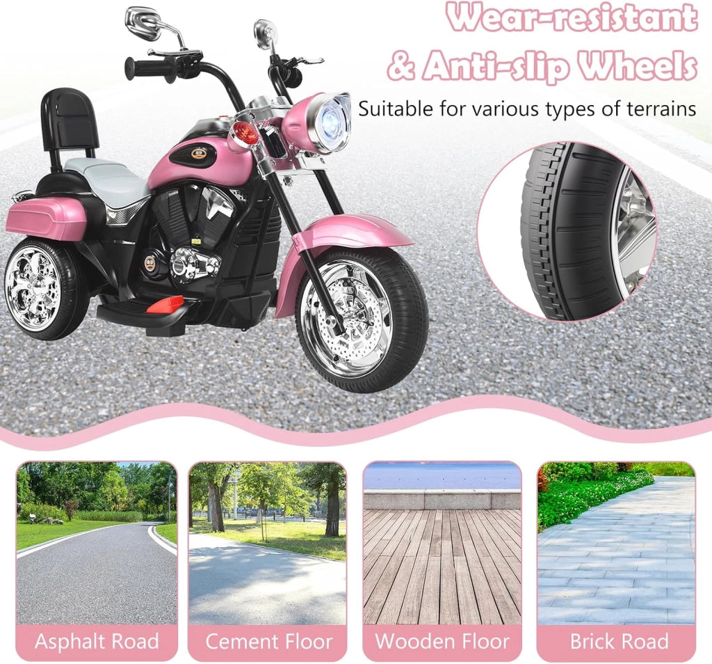 Moto Elettrica per Bambini 6V a 3 Ruote con Luci LED e Suoni, Motorino Triciclo con Acceleratore a Pedale, Motocicletta con Specchietto, 3 km/h, Carico 30 kg, 3+ Anni (Rosa)