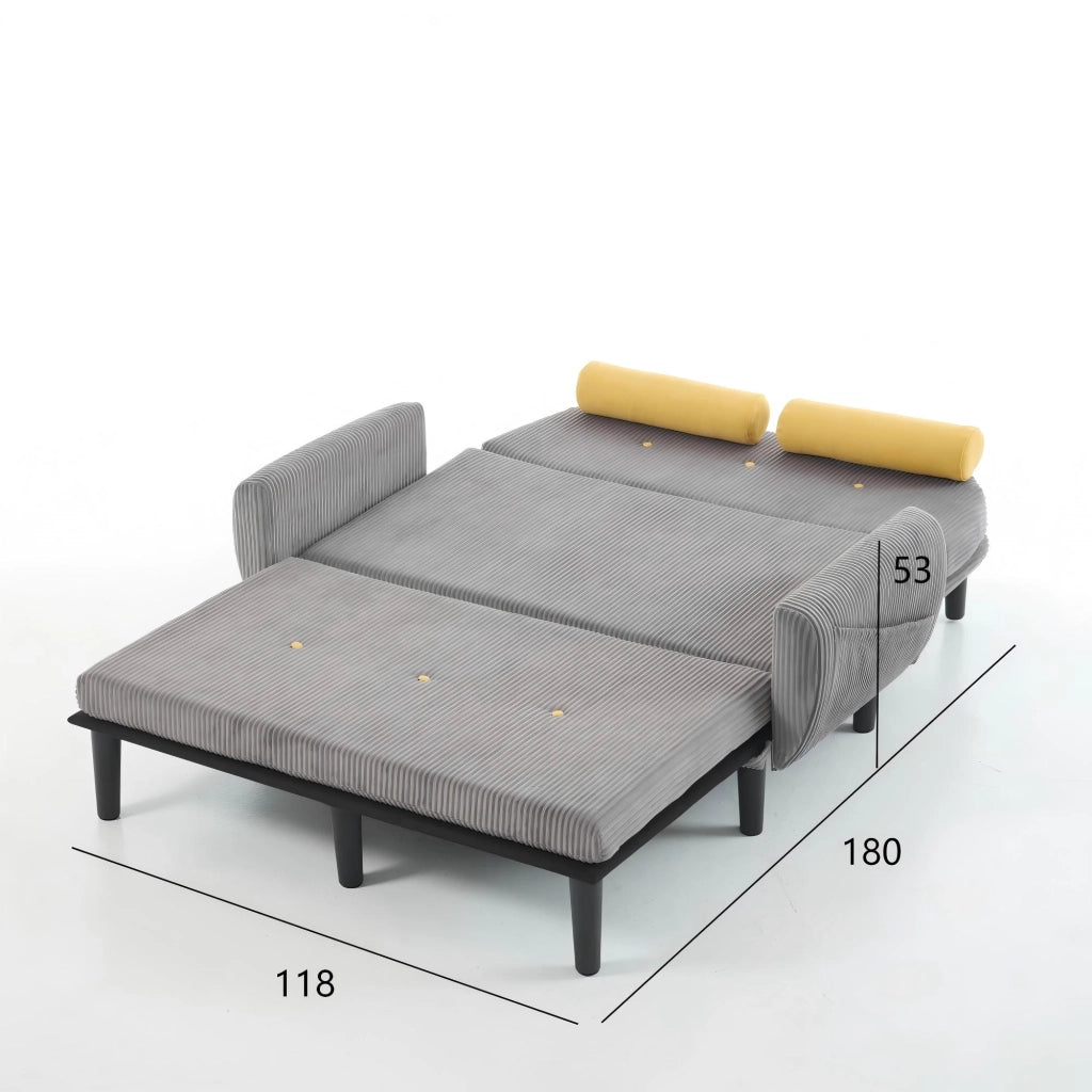 Divano convertibile modulare con schienale regolabile, cuscini rotondi e struttura in metallo per relax, grigio