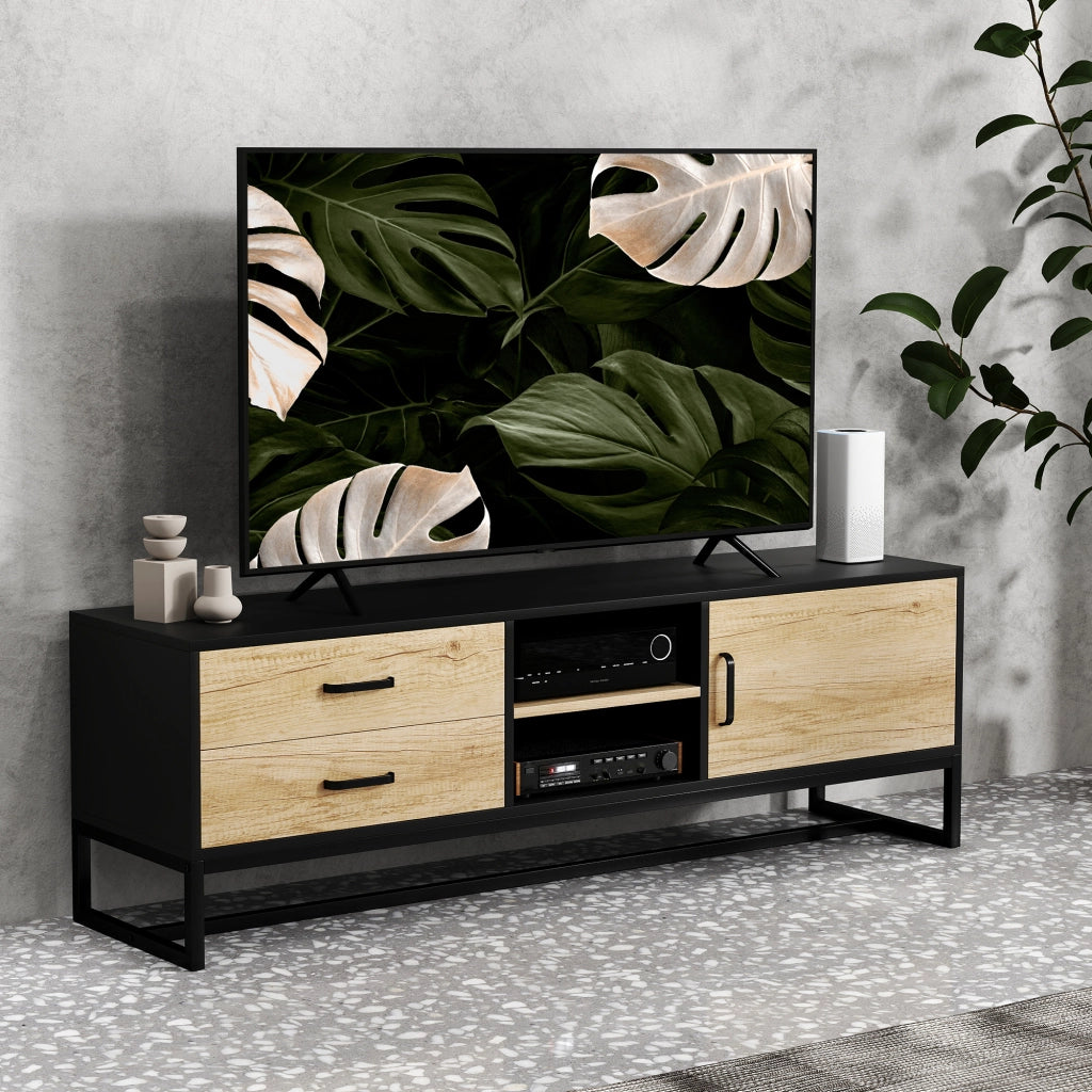 Mobile TV per televisori fino a 60 pollici ¨C Zephmum ¨C Legno naturale con ante e cassetti