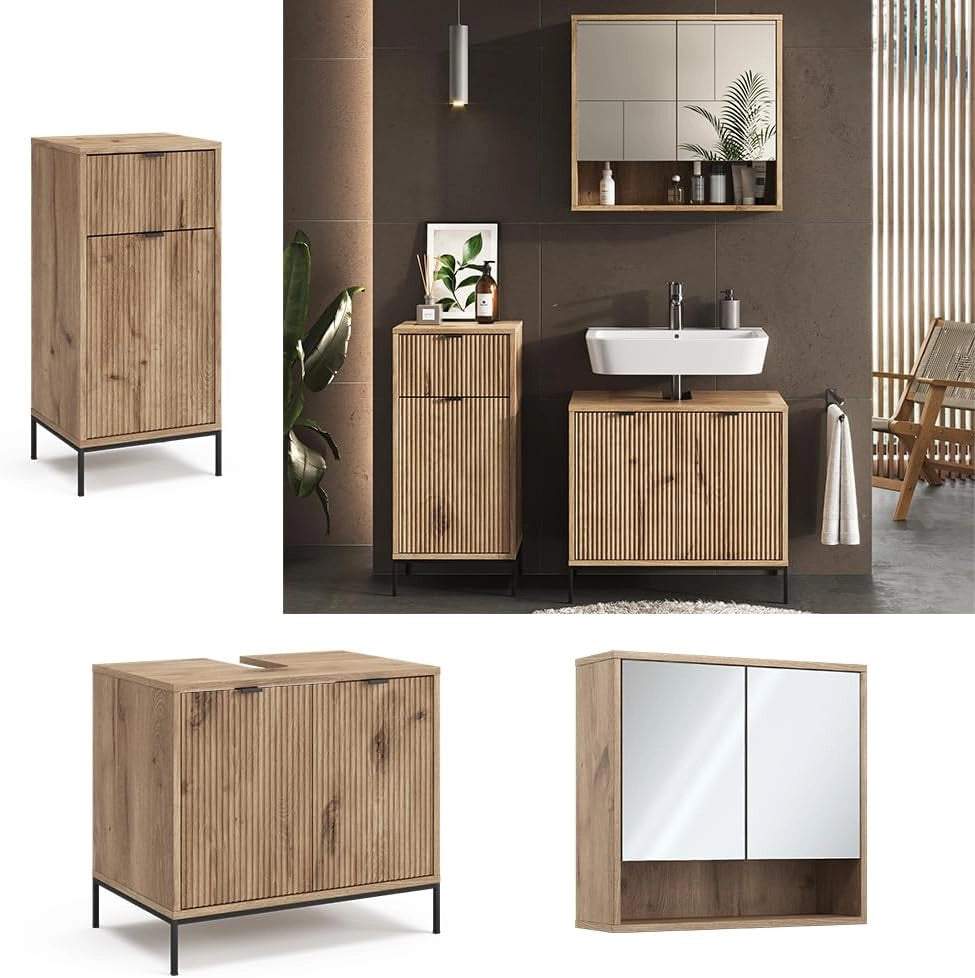 Set di mobili da bagno Eliza, Quercia vichinga, 70 cm, composto da mobile sottolavabo, specchiera e mobile medio