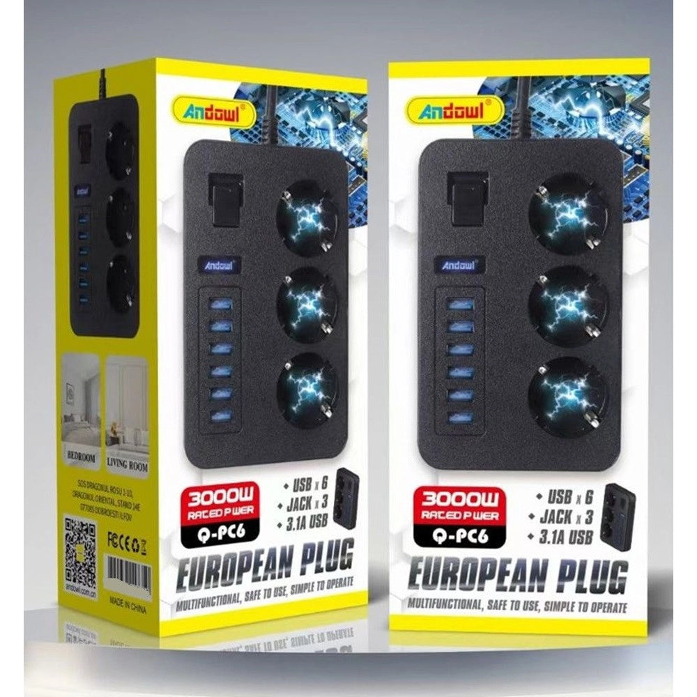 Trade Shop - Multipresa Con 6 Porte Usb + 3 Prese Schuko Con Interruttore Ricarica Rapida 3,1a Q-pc6 -