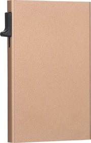 Portafoglio in alluminio con protezione RFID, scomparto estensibile e chiusura magnetica.