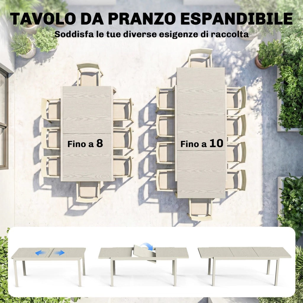 Tavolo da Giardino Allungabile per 8-10 Persone, in Alluminio e Acciaio, 154/214x85x75 cm, Grigio Chiaro
