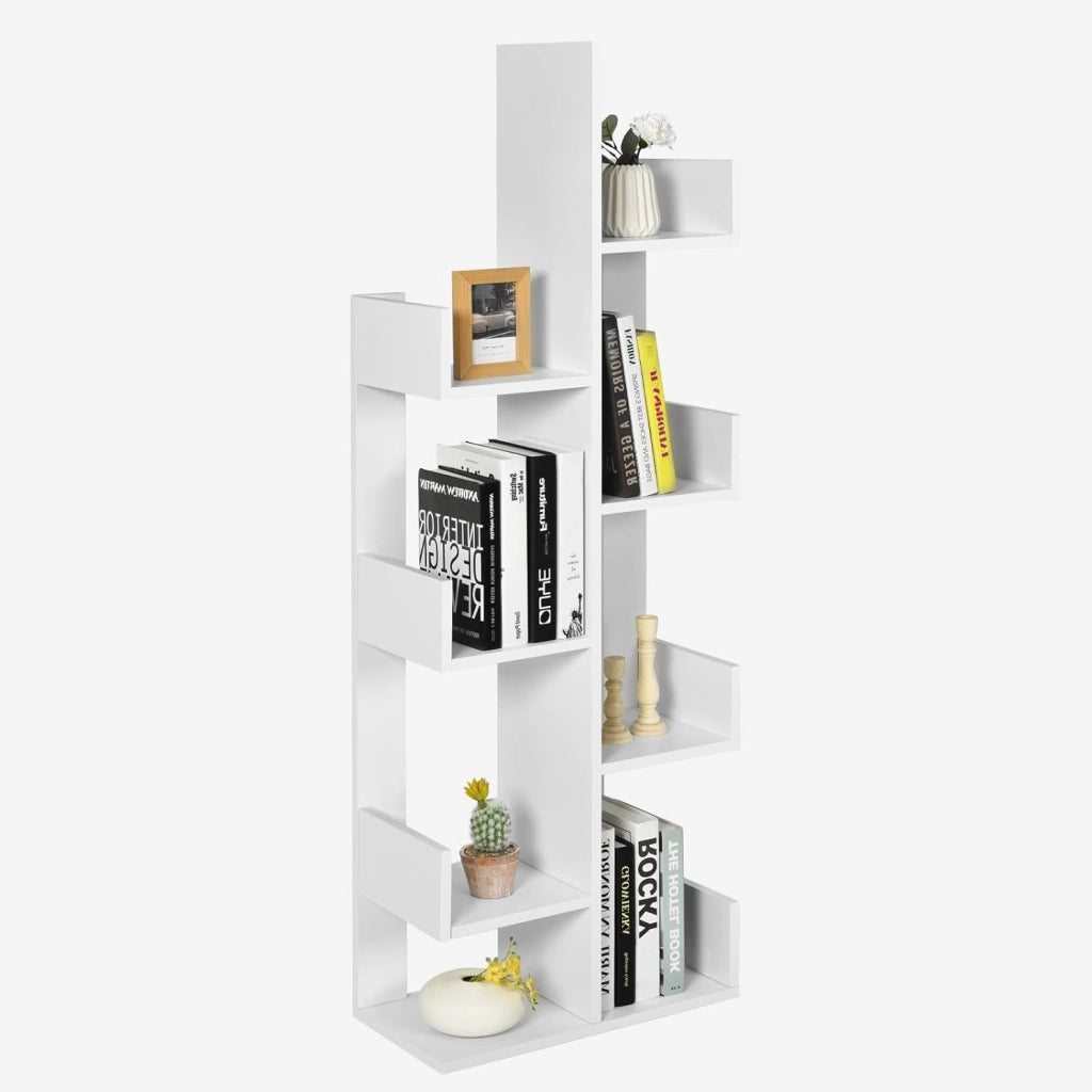 Libreria Multiuso da Terra, Libreria ad Albero con 8 Ripiani, Scaffale in Legno per Libri, Ideale per Soggiorno, Ufficio, 50 x 25 x 145 cm (Bianco)