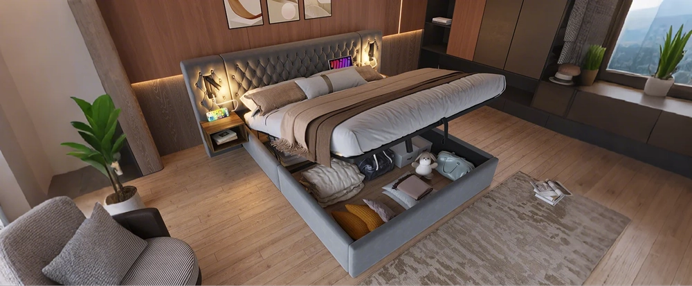 Letto Contenitore Matrimoniale Imbottito ¨C MINIMAL ¨C Grigio Velluto 180x200 con Comodini e Testiera LED