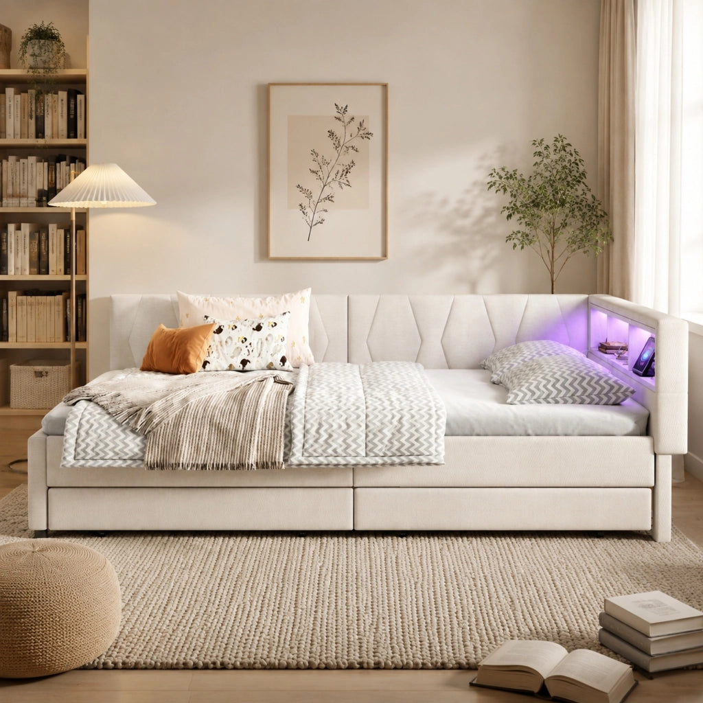 Letto a scomparsa con LED, cassetti e ricarica integrata