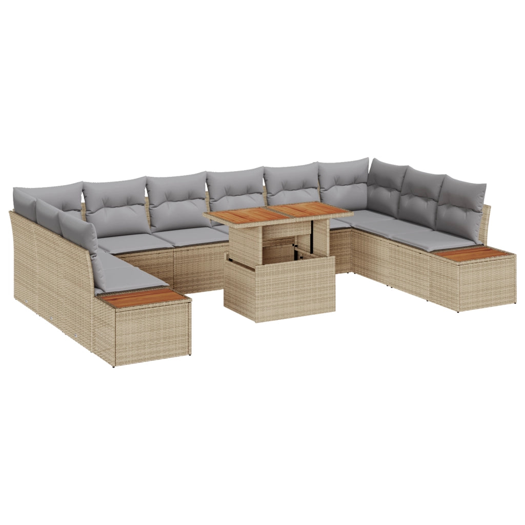 Set Divano da Giardino 11 Pezzi con Cuscini Beige Polyrattan