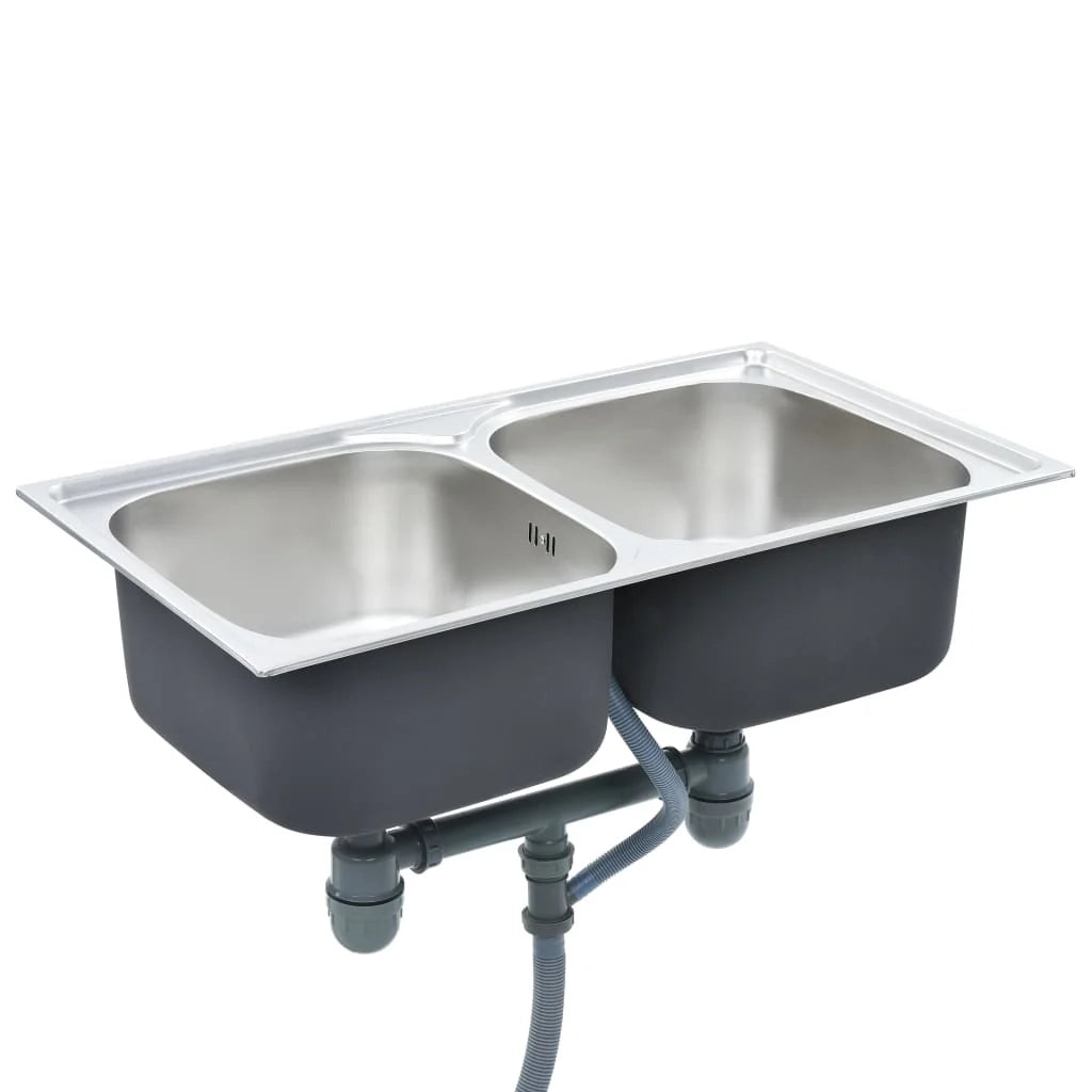 Lavello doppio con piletta e sifone 84 x 48 cm acciaio inox 02_0002359