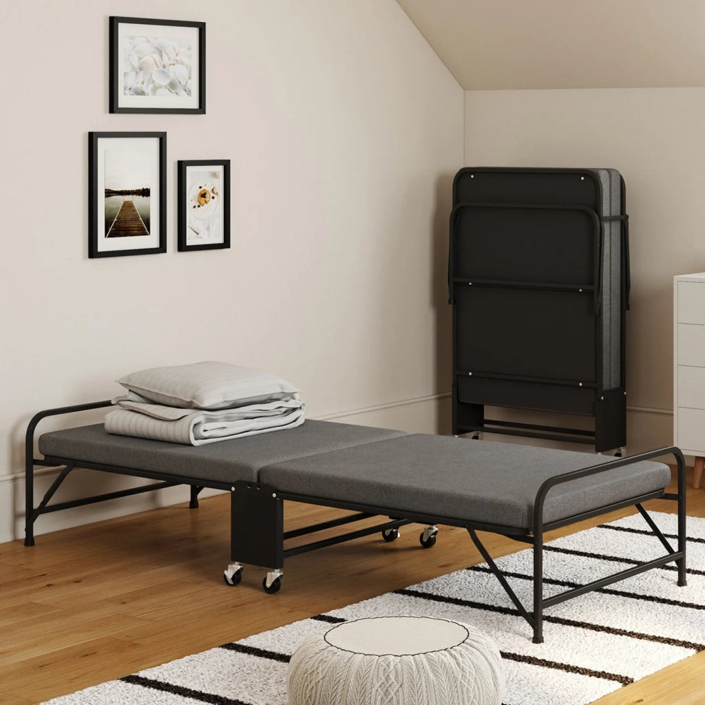 IDMarket - Letto supplementare in metallo pieghevole per 1 persona ZAK con base e materasso 70x190 cm grigio e nero