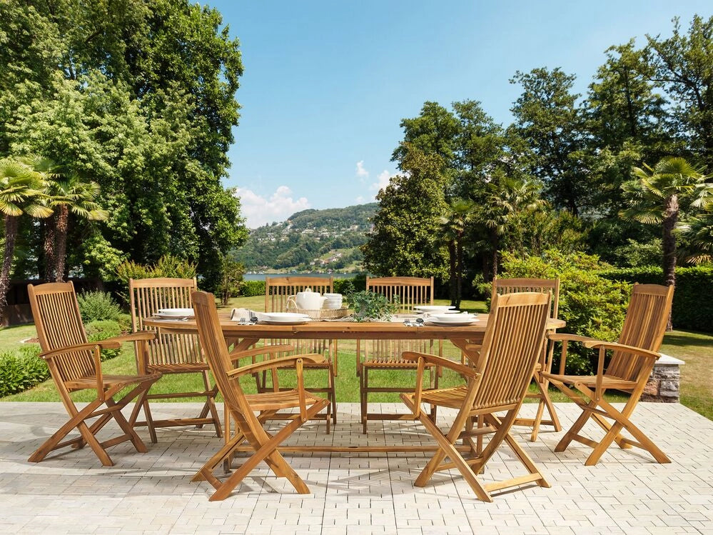 Set da pranzo per esterni in legno di acacia chiaro tavolo da 8 posti sedie pieghevoli design rustico