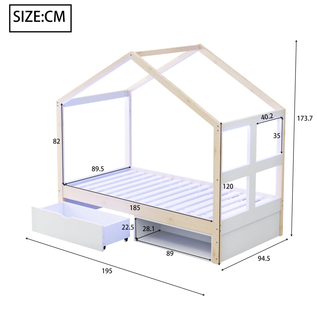 Letto singolo a casetta 90x190 cm in legno naturale con cassetto; scarpiera e LED