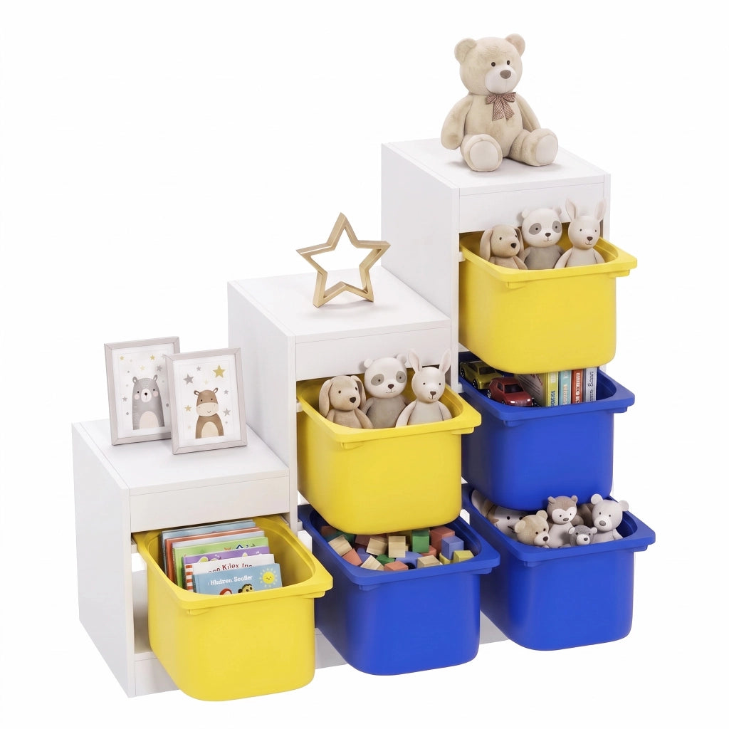 Meuble de Rangement pour Jouets 3 Niveaux 3-8 Ans Bleu Jaune