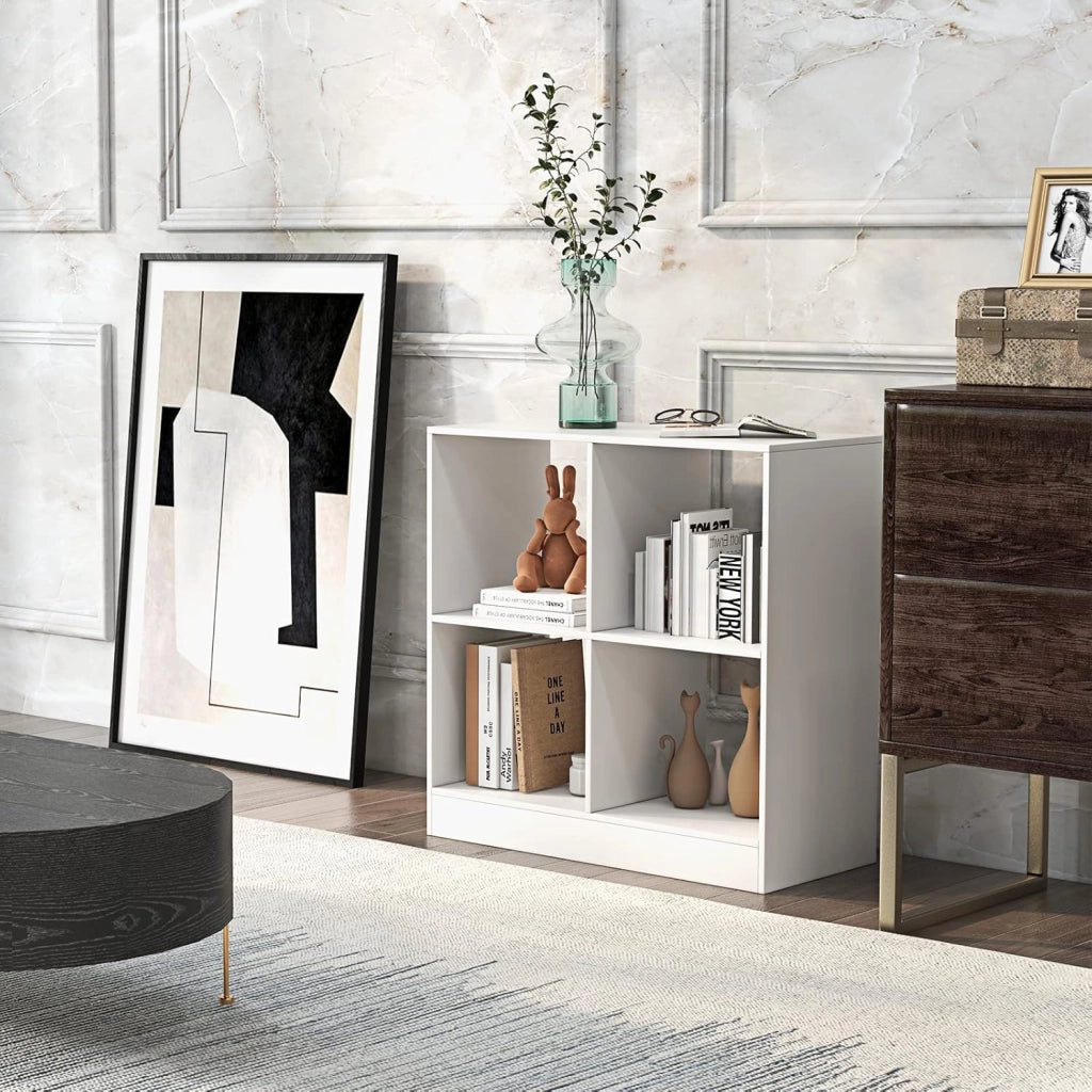 Libreria a 4 Cubi, Libreria Aperta a Pavimento Con 2 Kit Antiribaltamento, Scaffale Moderno, Scaffale Espositivo Per Soggiorno, Studio, Bianco，73x33x73 cm