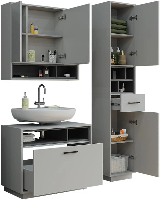 Set di mobili da bagno Beatrice, Grigio/antracite, 80 cm, composto da mobile sottolavabo, specchiera e colonna alta