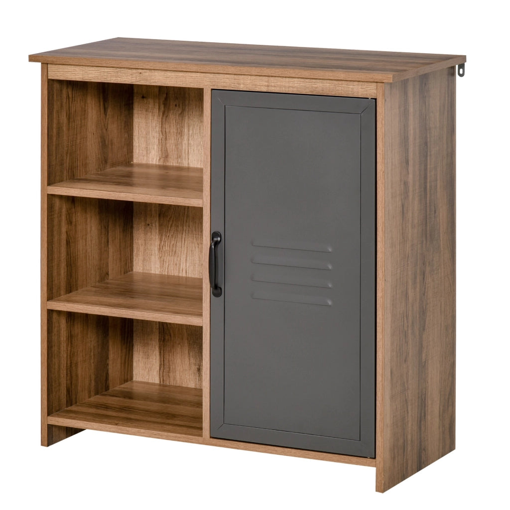 EasyComfort Mobiletto Multiuso con Ripiani e Armadietto in Legno con Anta in Metallo, Mobile per Soggiorno e Cucina, 80x35x82cm, Marrone Grigio