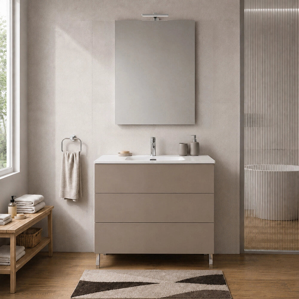 Mobile bagno a terra 100 cm tortora tre cassetti push-pull con lavabo Tierra