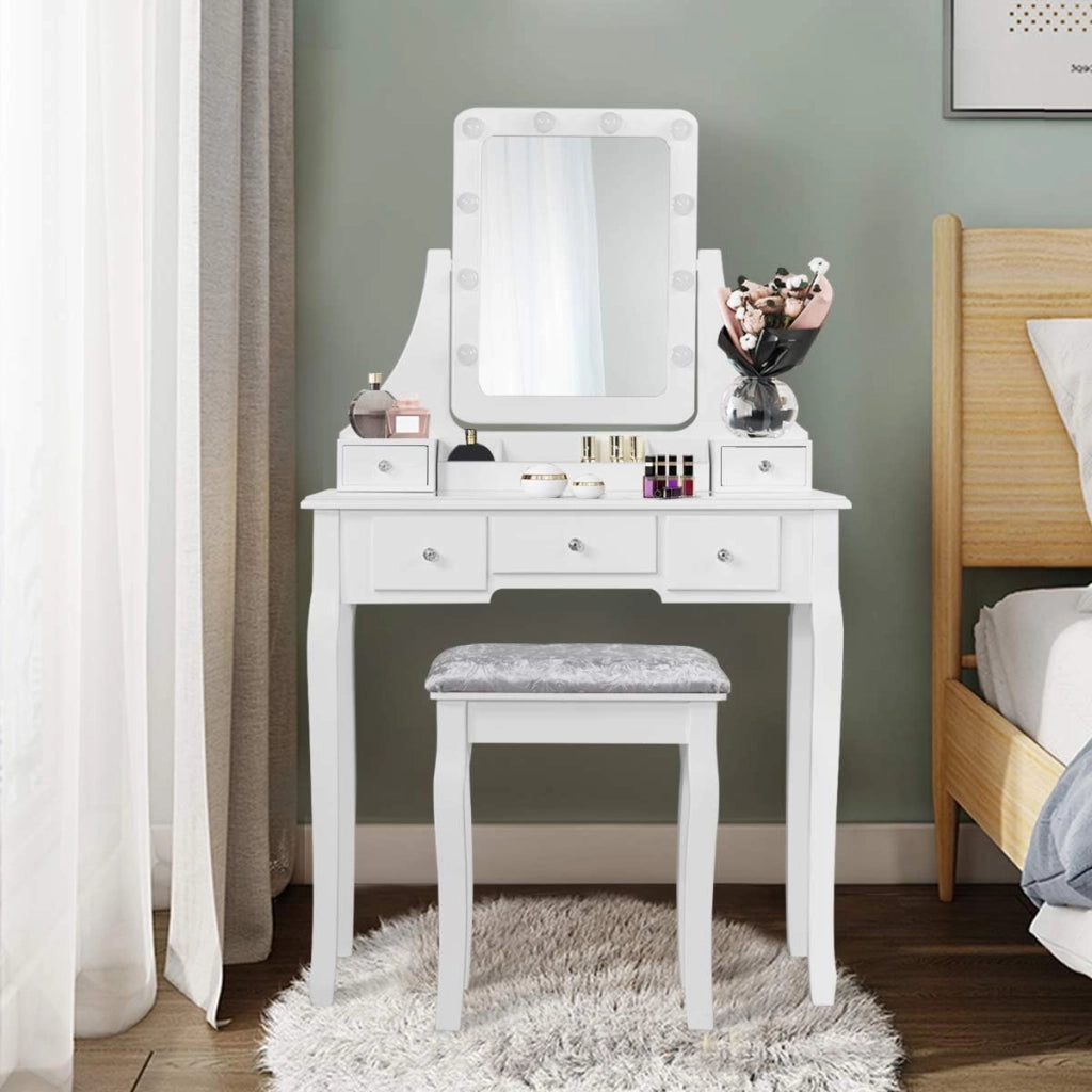 Mobile Trucco in Legno, 2 in 1 Set di Tavolo Cosmetici con Sgabello Imbottito, Specchio Rimovibile Girevole 360°, 10 LED Dimmerabili e 5 Cassetti, Moderno e Durevole, 80x40x135,5cm (Bianco)