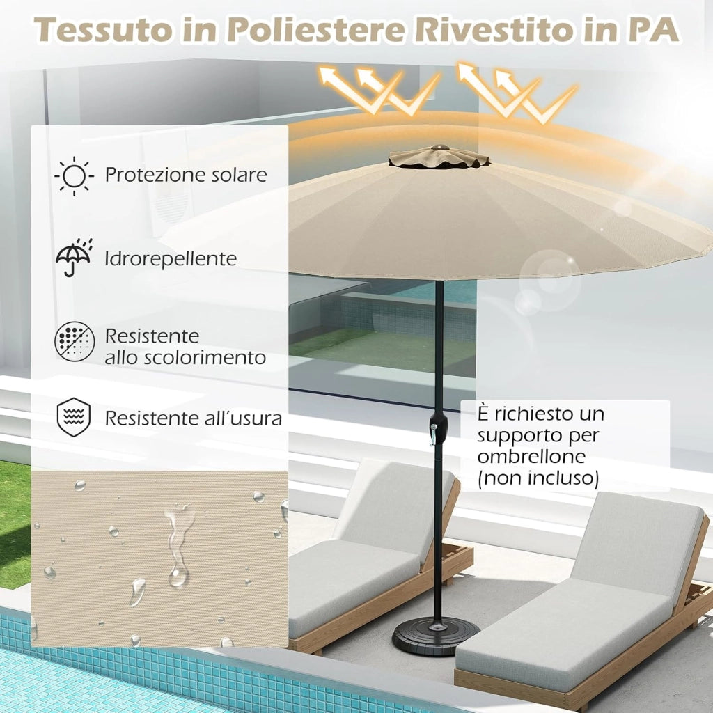 Ombrellone da Giardino 260 cm, Inclinazione Regolabile con 18 Stecche, Tettuccio Ventilato, Ombrellone Pighevole con Manovella, per Giardino Spiaggia