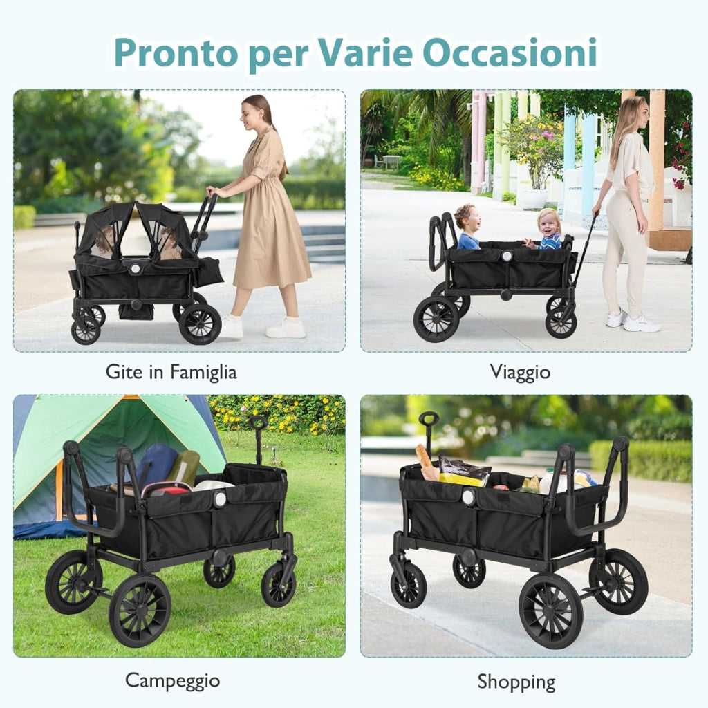 Passeggino Doppio Pieghevole, Passeggino Gemellare con Manico Regolabile, Tettuccio Rimovibile, Portabicchieri, per Bambini da 6+ Mesi, 104 x 57 x 107 cm (Nero)