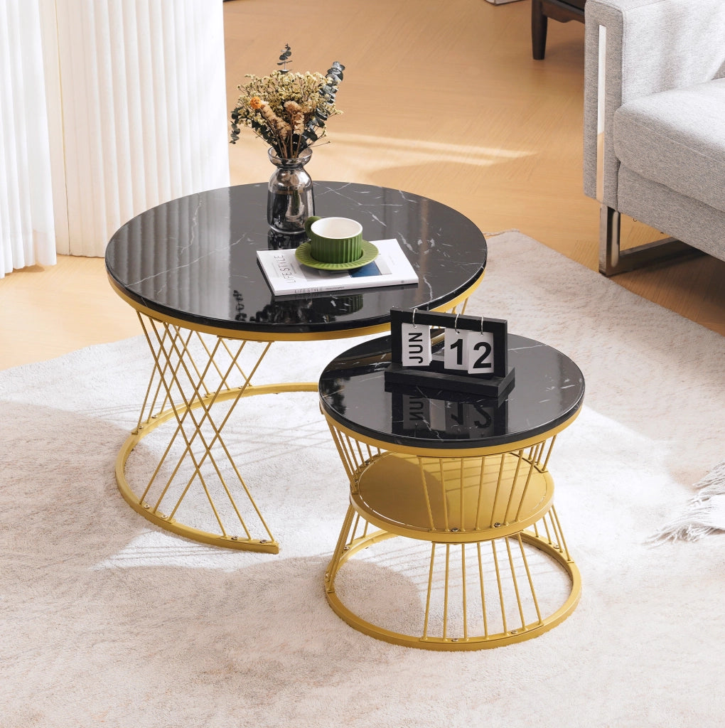 Set di 2 tavolini da salotto rotondi nesting 70/45 cm in MDF nero; effetto marmo