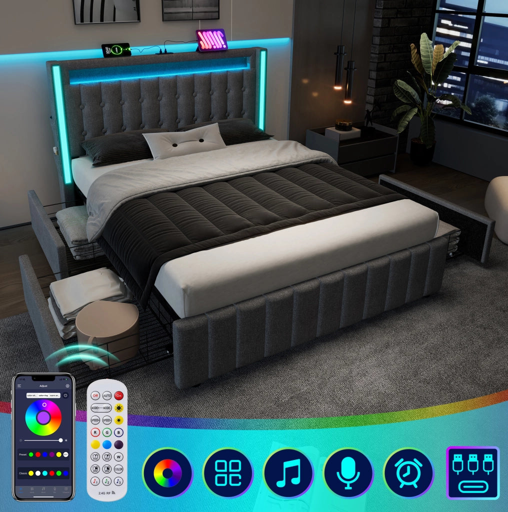 Letto 140x200 cm con LED; USB C e 4 cassetti; lino grigio